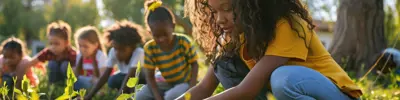 girl planting in forest with other kids